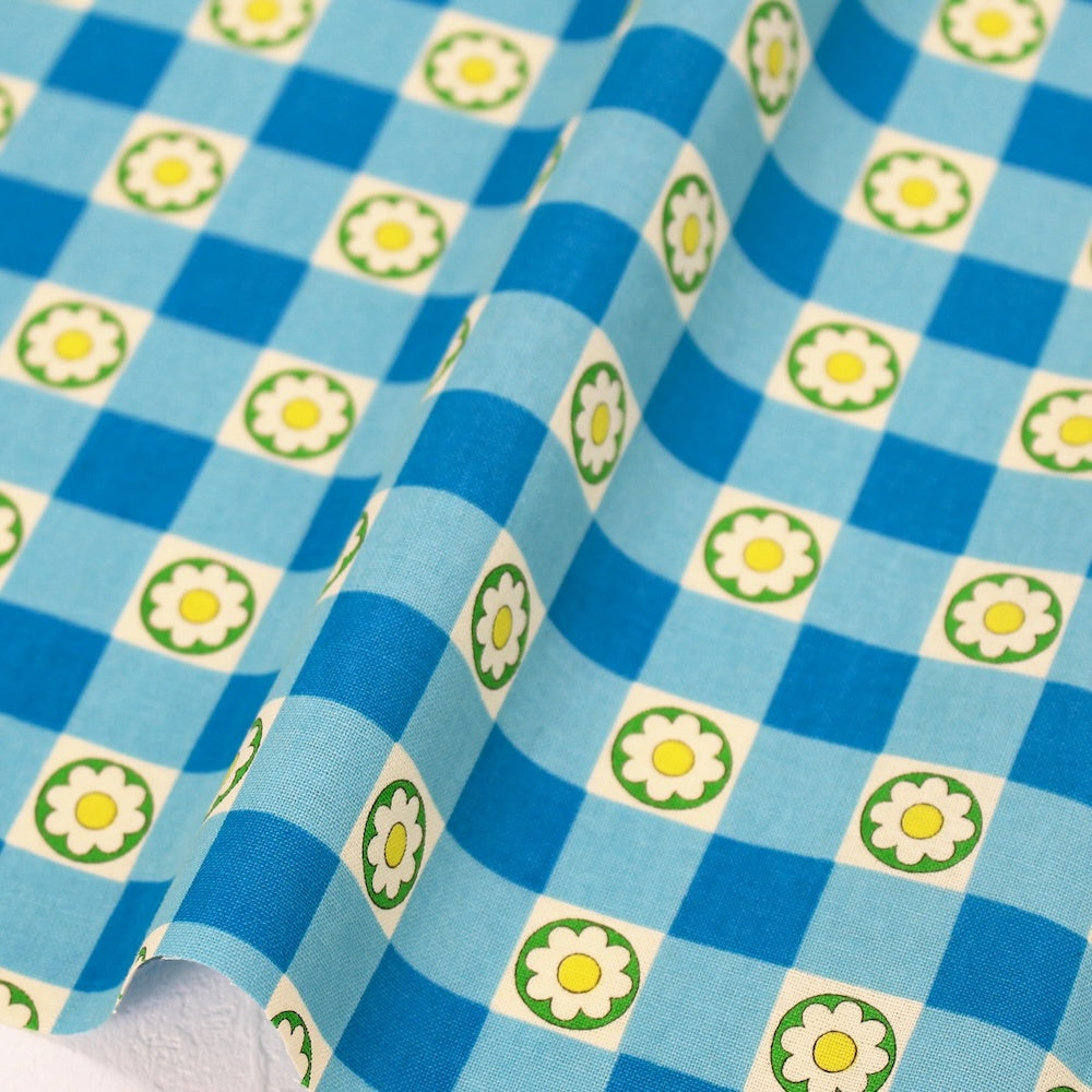 Retro 70's Blue Gingham with Flowers