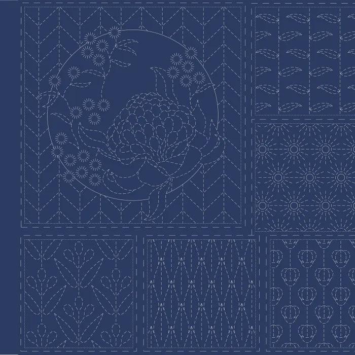 Botanical Sashiko Panel Navy on Linen