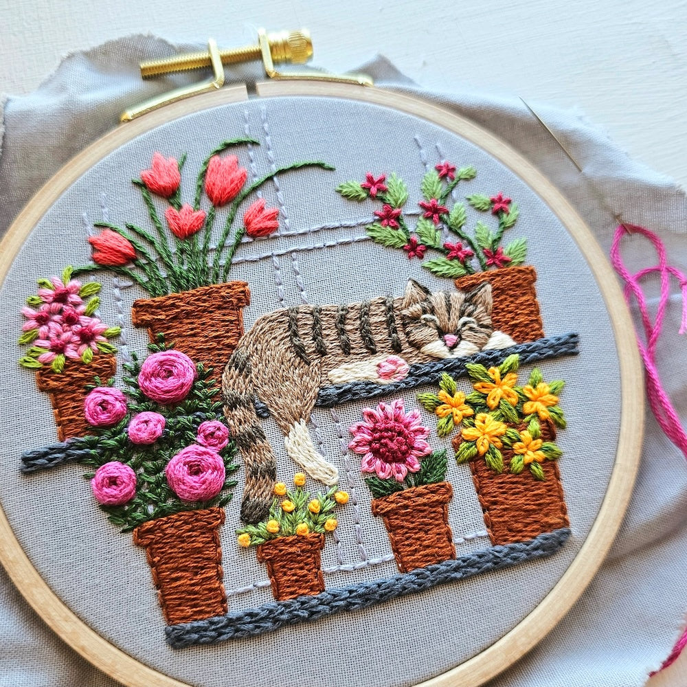 Catnap With Flowers Embroidery Kit