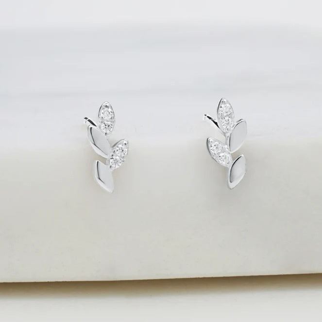 Crystal Leaf Stud Earring in Sterling Silver