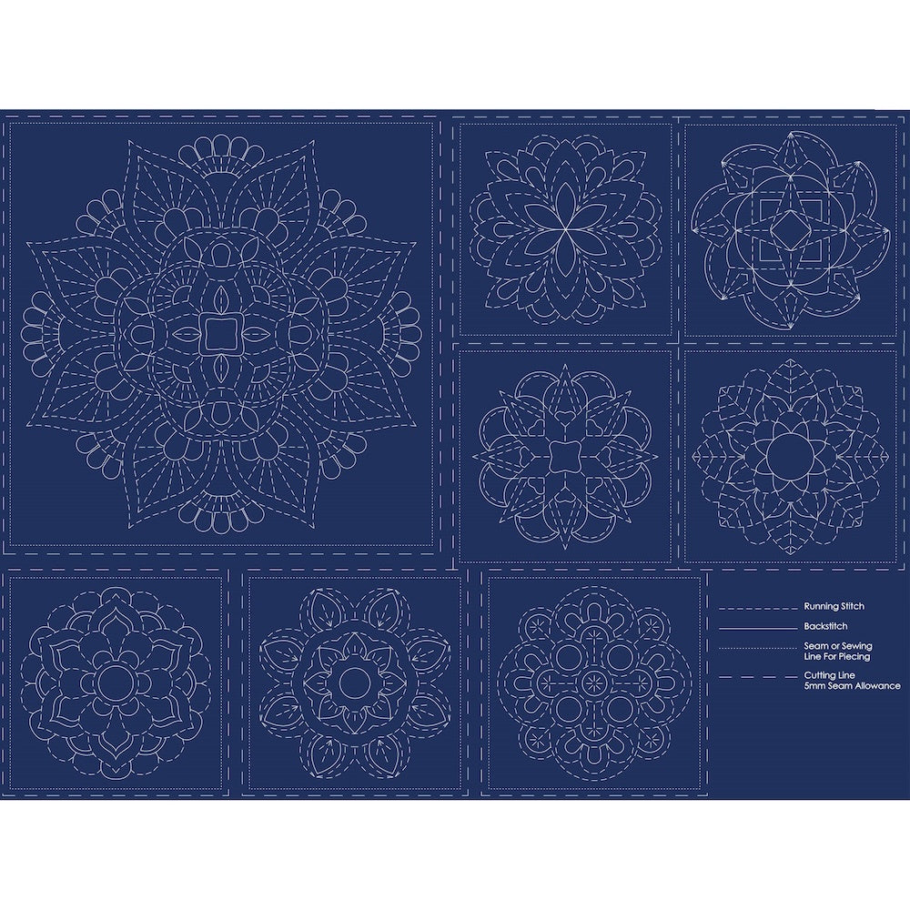 Mandala Sashiko Panel Navy on Linen