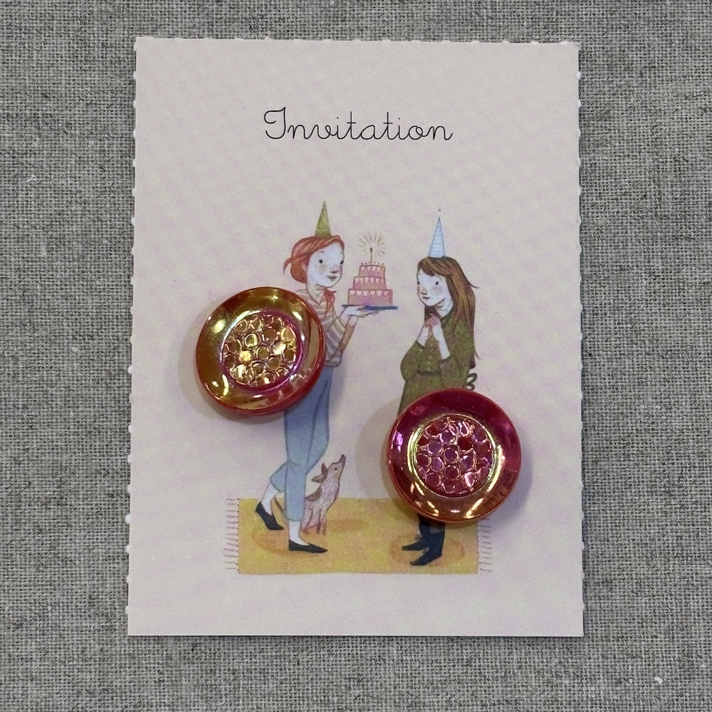 Pink/Red Iridescent Glass Buttons x 2