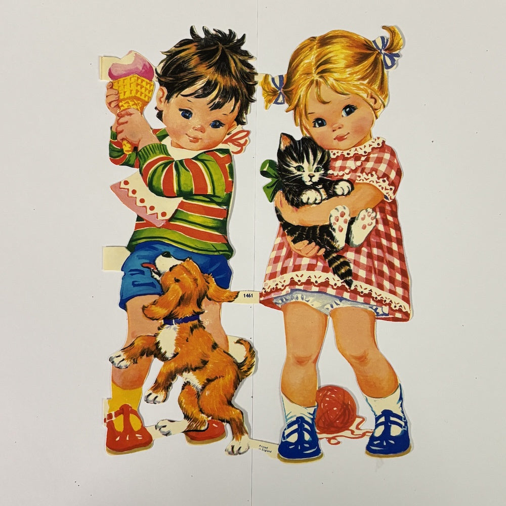 Vintage Scraps - Boy and Girls with Puppy and Kitten
