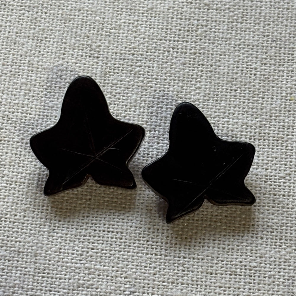 Vintage Dark Brown Wooden Maple Leaf Buttons x 2