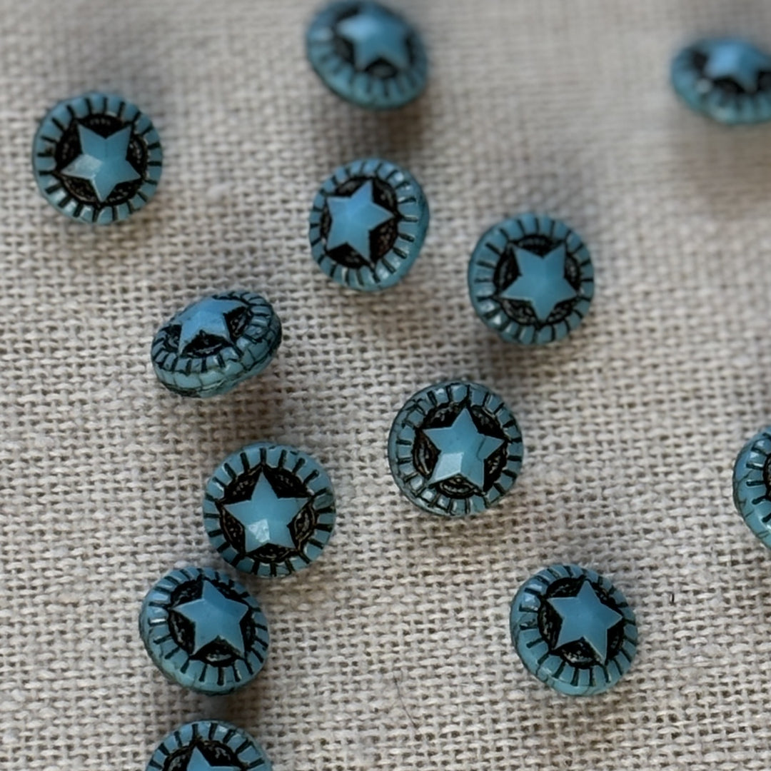 Vintage 9mm Aqua Star Glass Buttons x 13