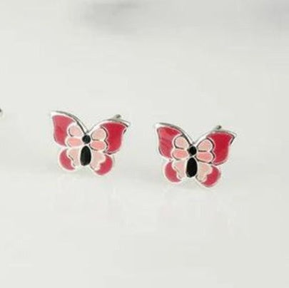 Pink Butterfly Stud Earrings in Silver