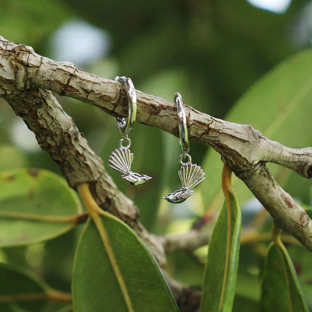 Little Taonga Sterling Silver Piwakawaka Huggies