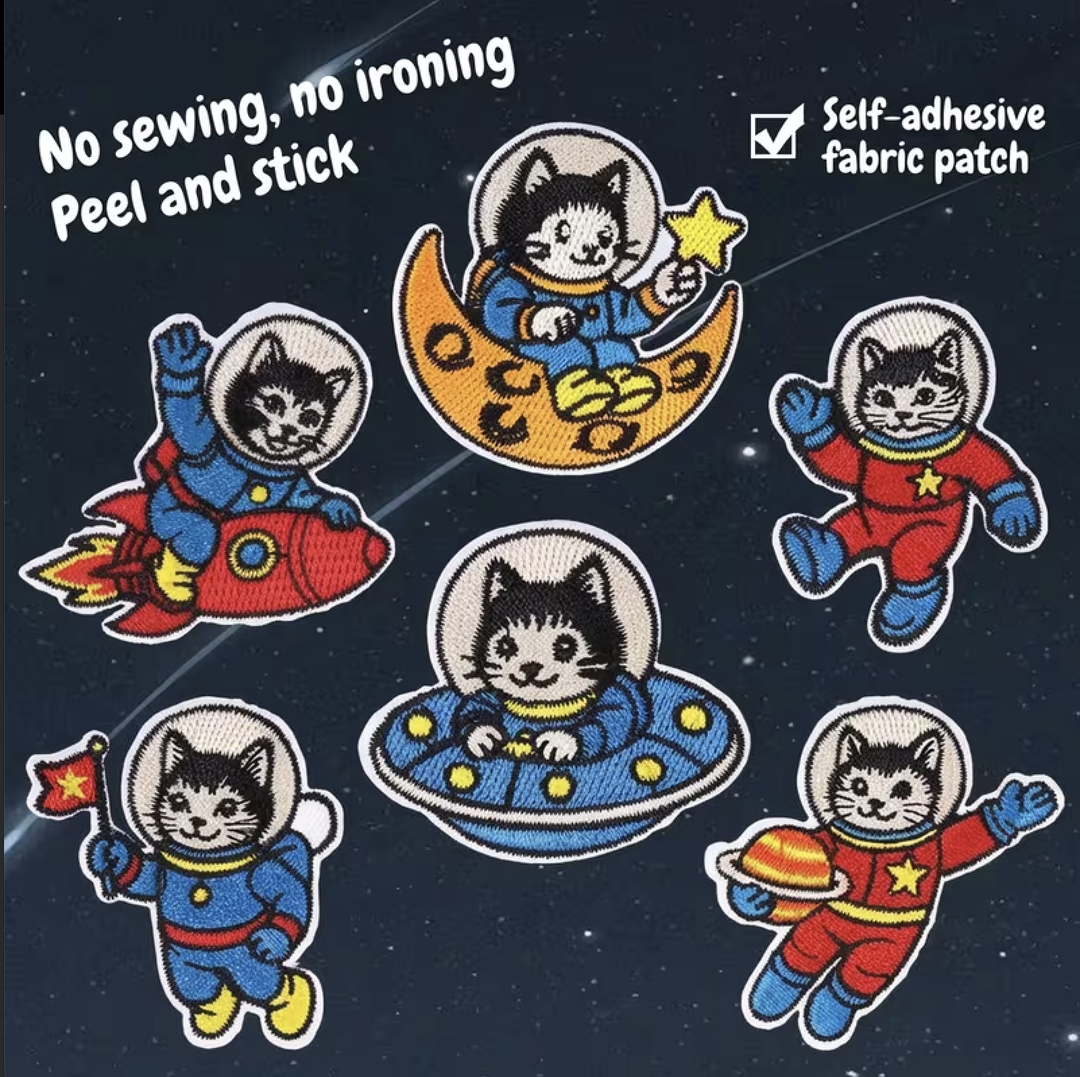 Embroidered Space Cat Patches - Stick On