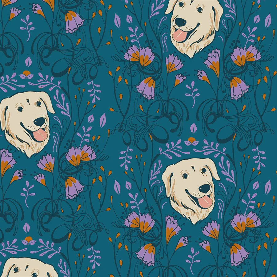 Dog Park Labrador and Flowers in Teal