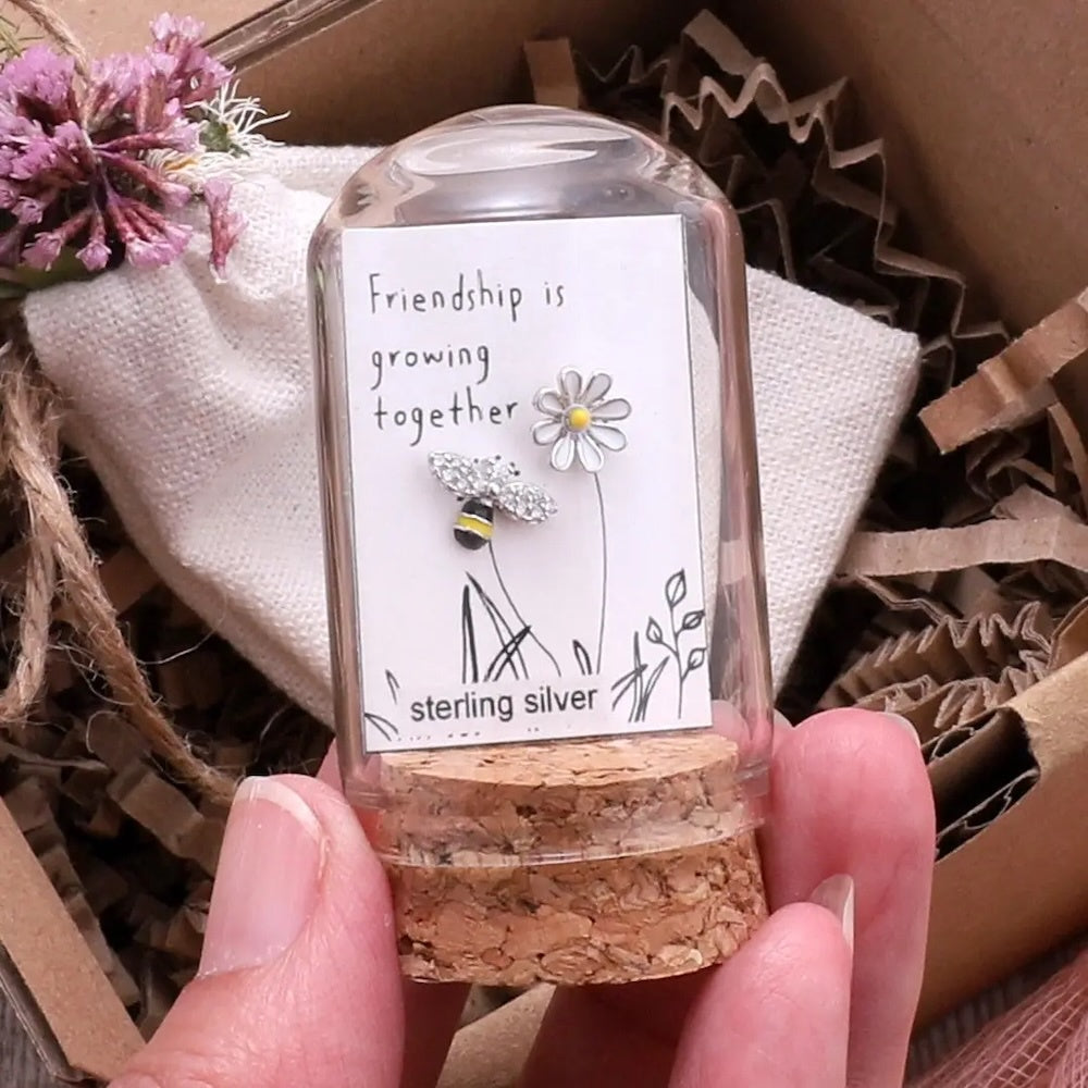 Friendship Flower and Bee Sterling Silver Earrings