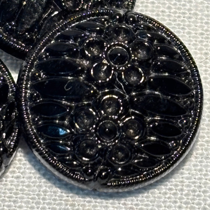 Vintage Black Glass Buttons with Flower Detail x 5