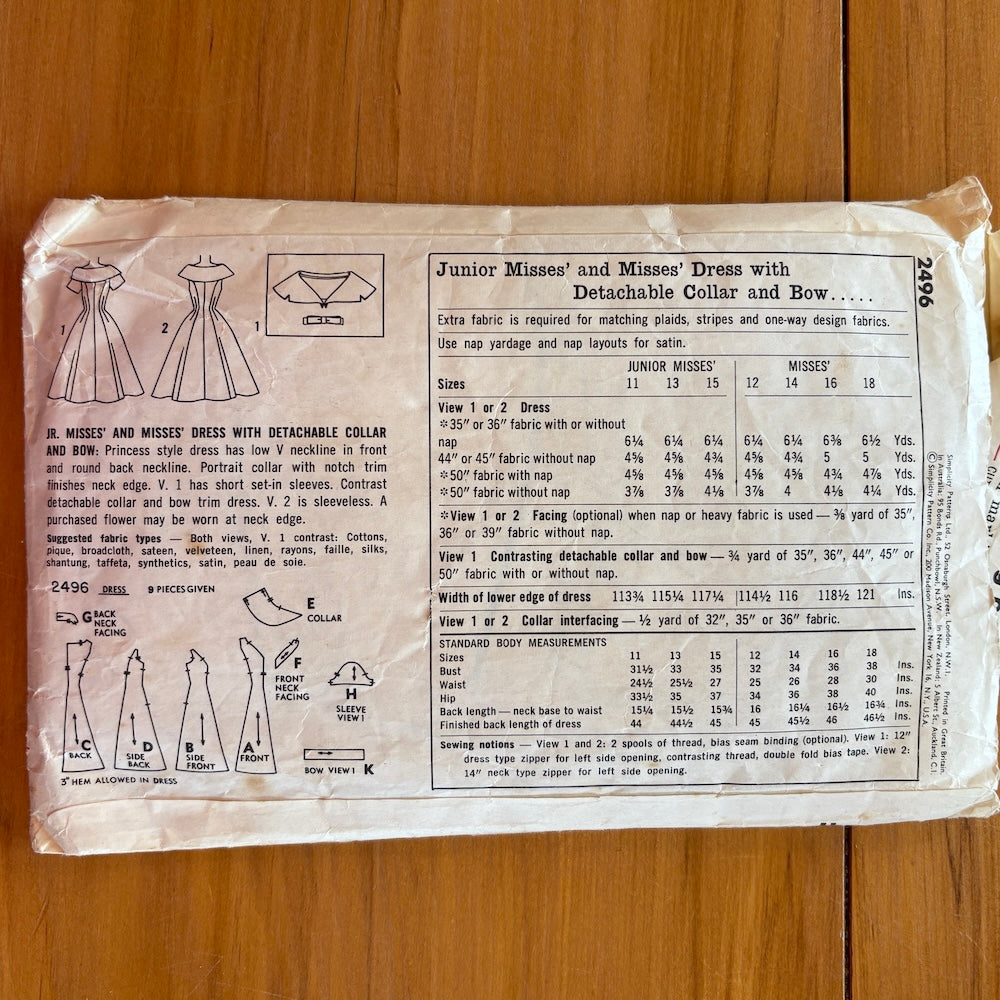 Vintage Simplicity 2496 Misses Dress with Detatchable Collar