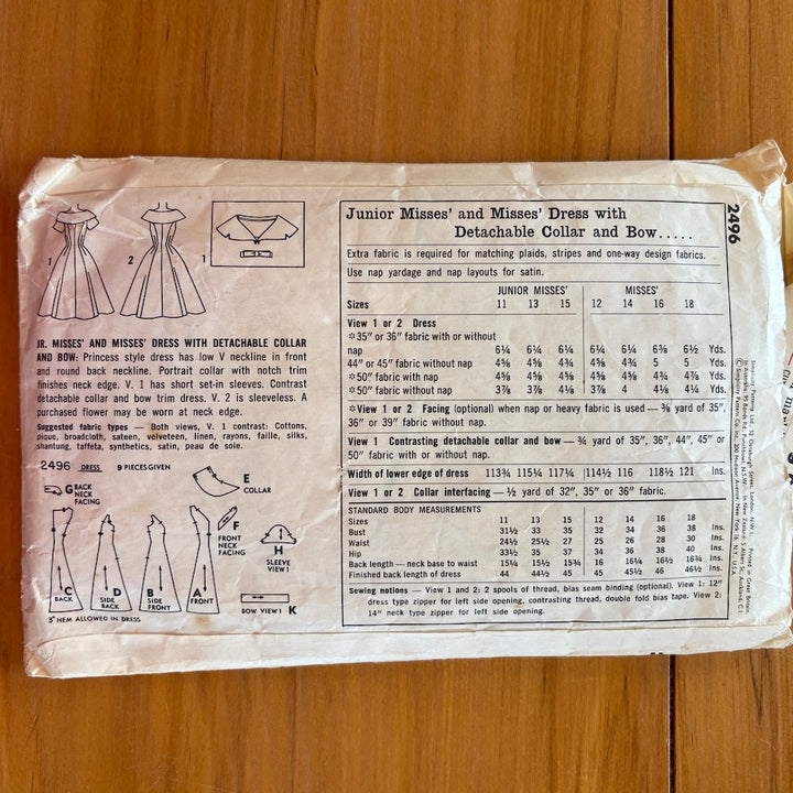 Vintage Simplicity 2496 Misses Dress with Detatchable Collar