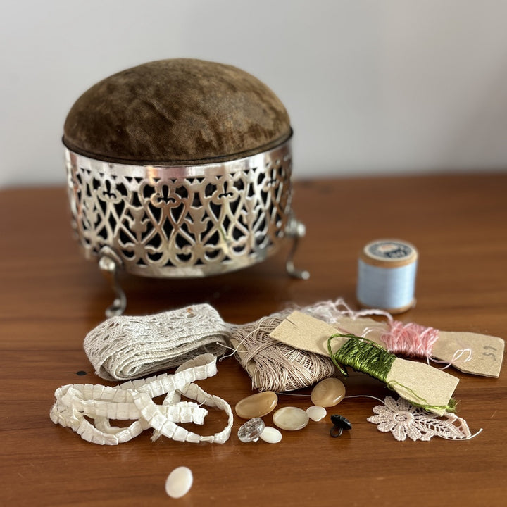 Victorian Silver Filigree Sewing Box Pin Cushion and Contents