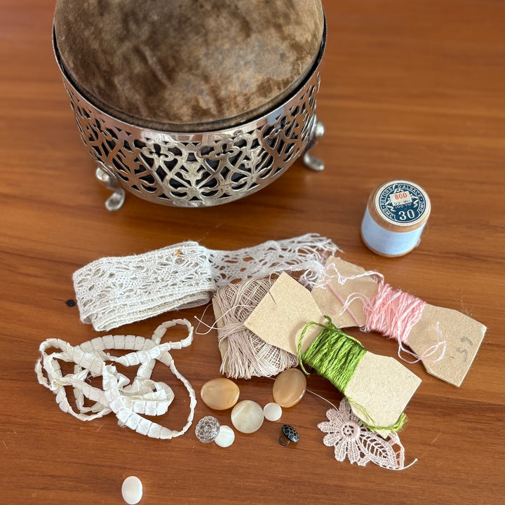 Victorian Silver Filigree Sewing Box Pin Cushion and Contents