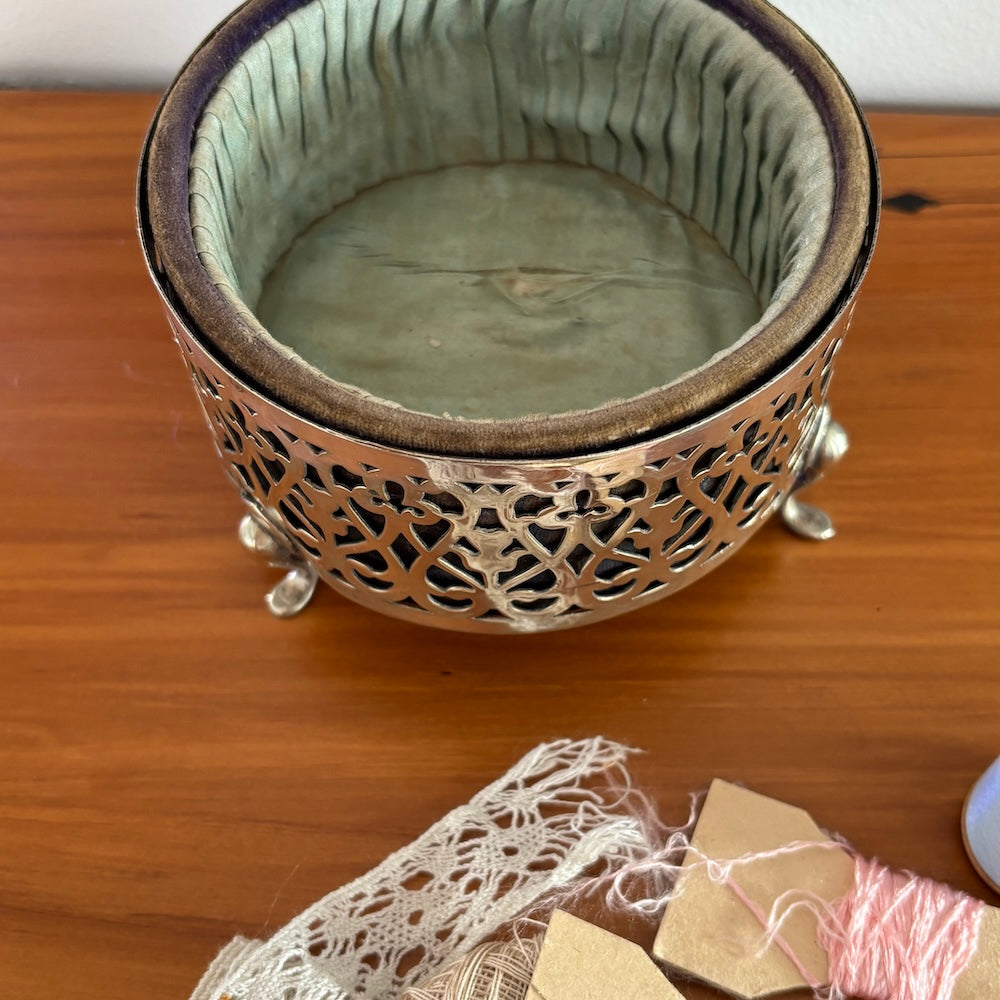 Victorian Silver Filigree Sewing Box Pin Cushion and Contents