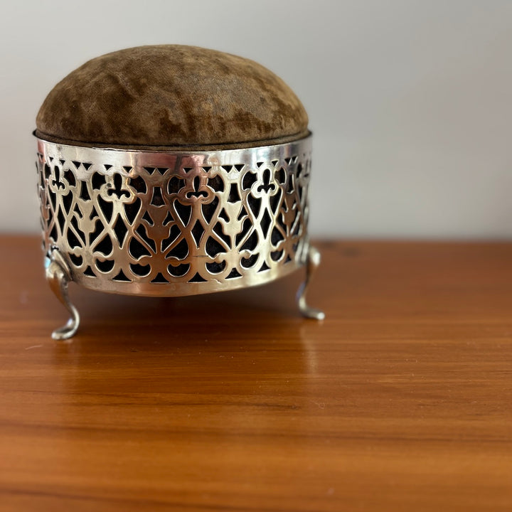 Victorian Silver Filigree Sewing Box Pin Cushion and Contents