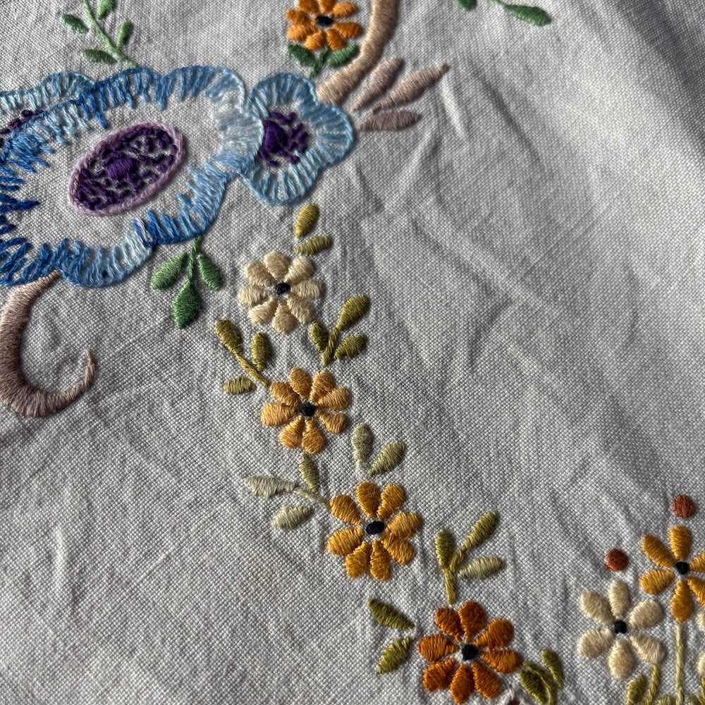 Vintage Embroidered Tablecloth - Blue Anemones
