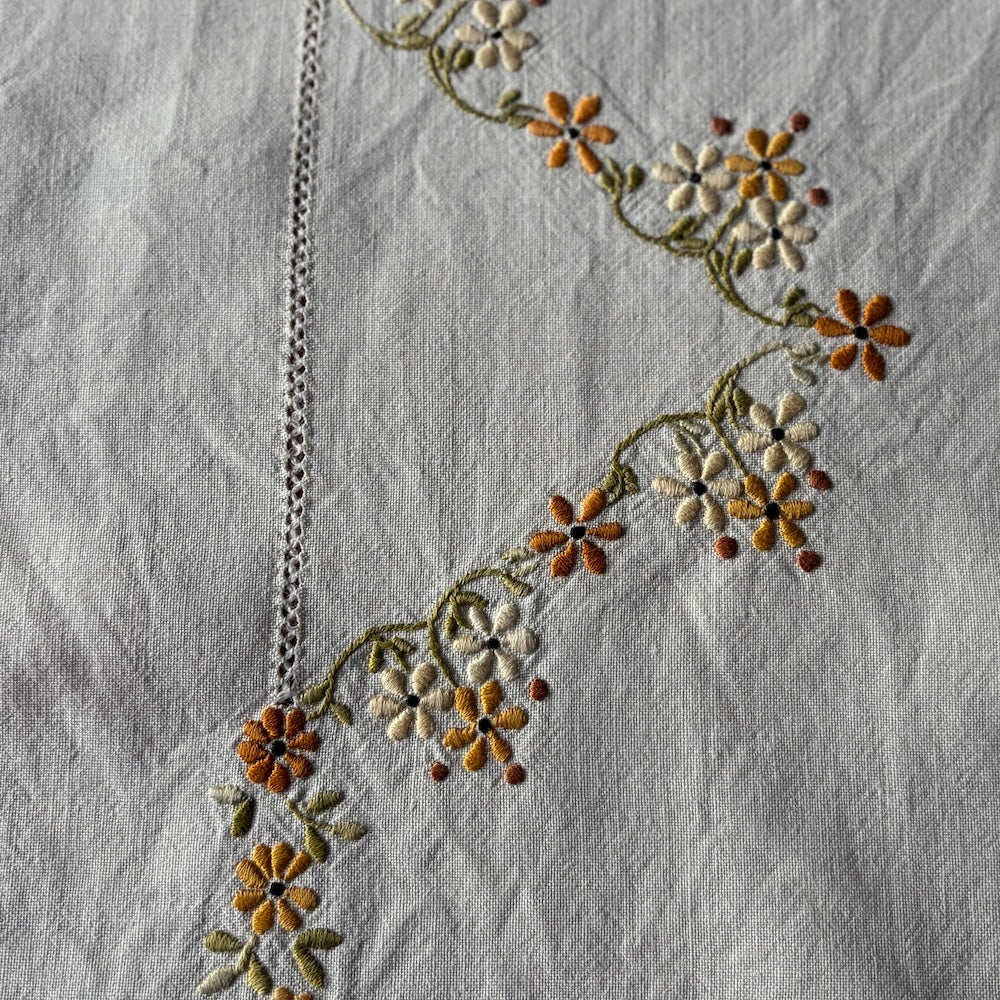 Vintage Embroidered Tablecloth - Blue Anemones