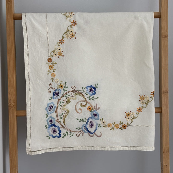 Vintage Embroidered Tablecloth - Blue Anemones