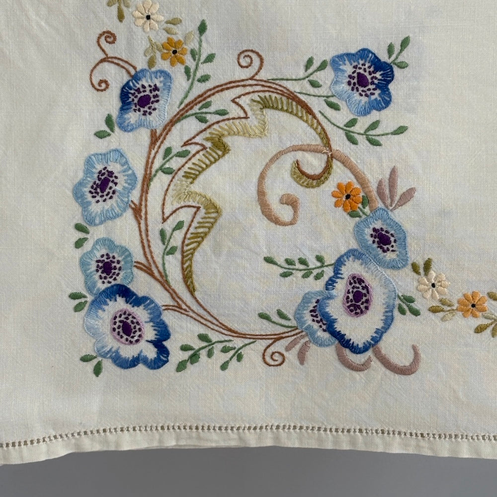 Vintage Embroidered Tablecloth - Blue Anemones