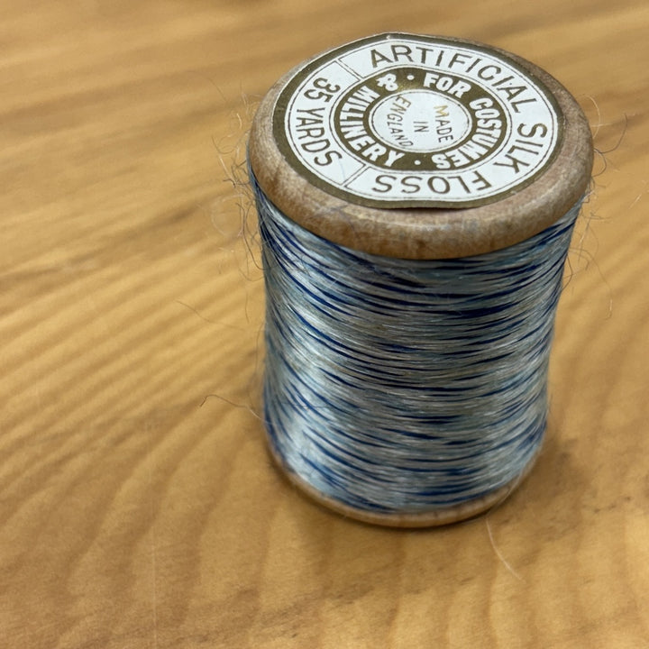 Vintage Artificial Silk Floss on Wooden Reel Variegated Blues