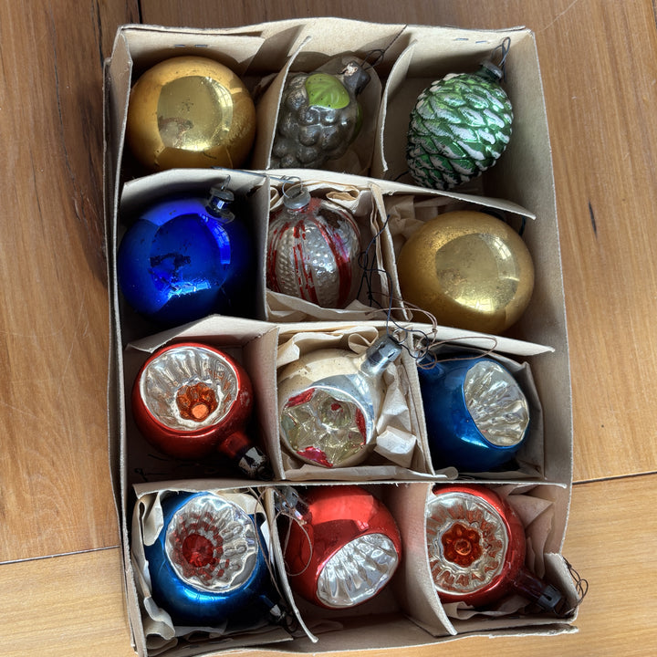 Box of Vintage Glass Christmas Lanterns, Baubles, Pine Cone