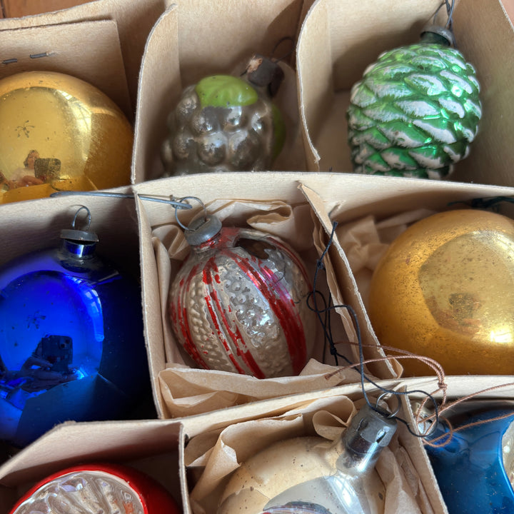 Box of Vintage Glass Christmas Lanterns, Baubles, Pine Cone