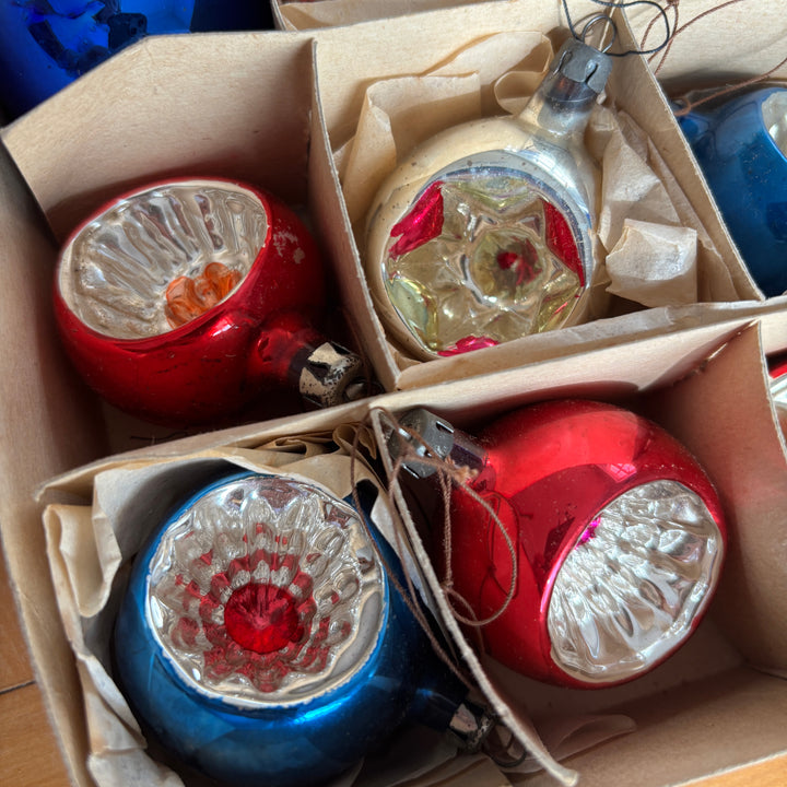 Box of Vintage Glass Christmas Lanterns, Baubles, Pine Cone