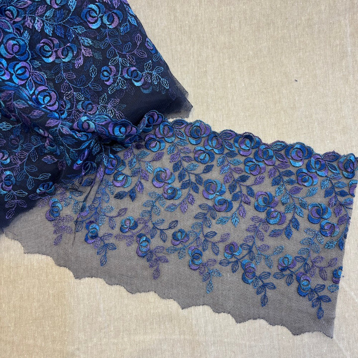 Vintage Blue and Purple Embroidered Lace Trim 17cm