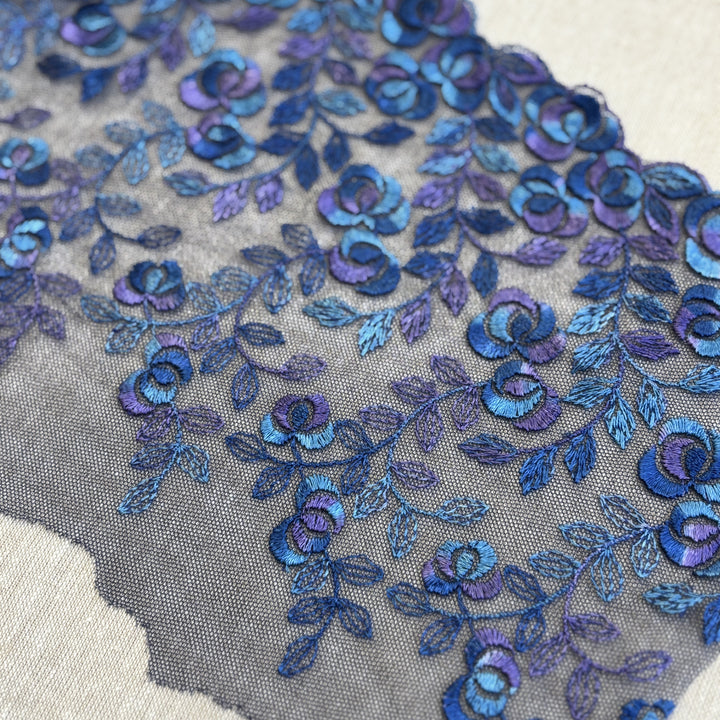 Vintage Blue and Purple Embroidered Lace Trim 17cm