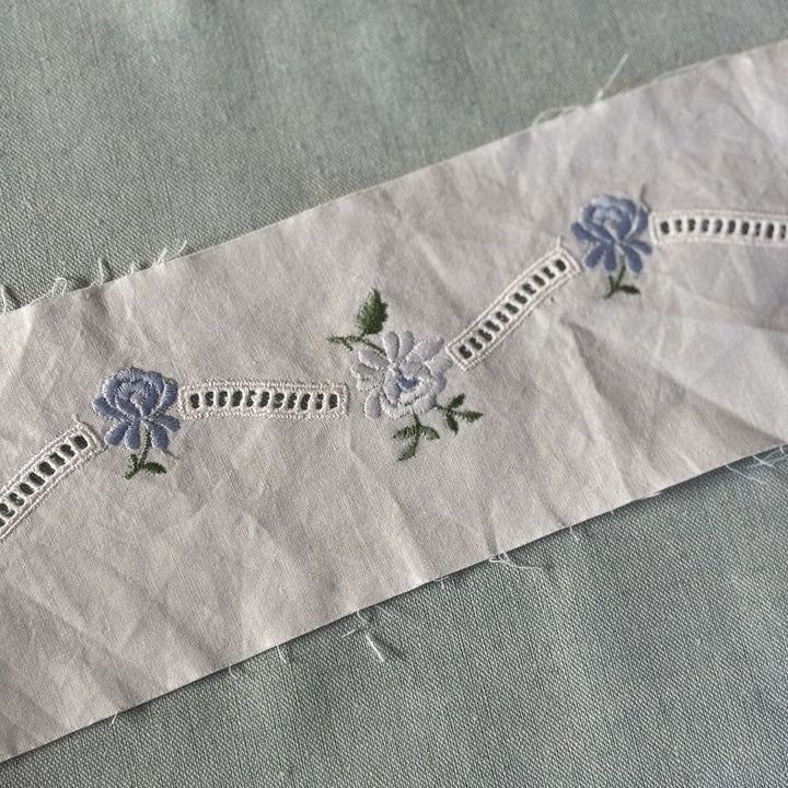 Vintage Swiss Batiste Entredeux Blue Rose Trim 77mm