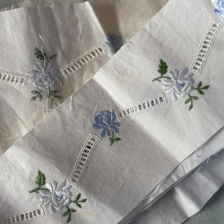 Vintage Swiss Batiste Entredeux Blue Rose Trim 77mm