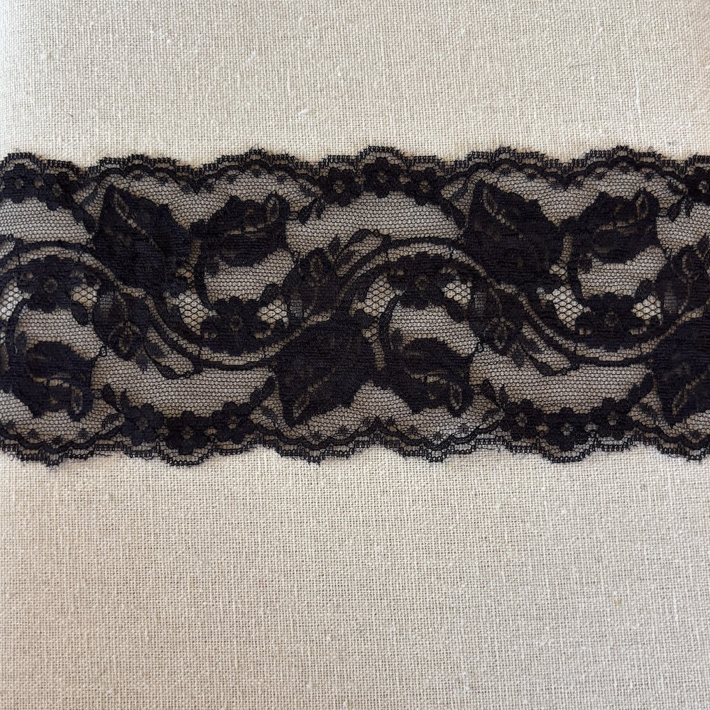 Vintage Black Soft Rose Lace 9cm wide