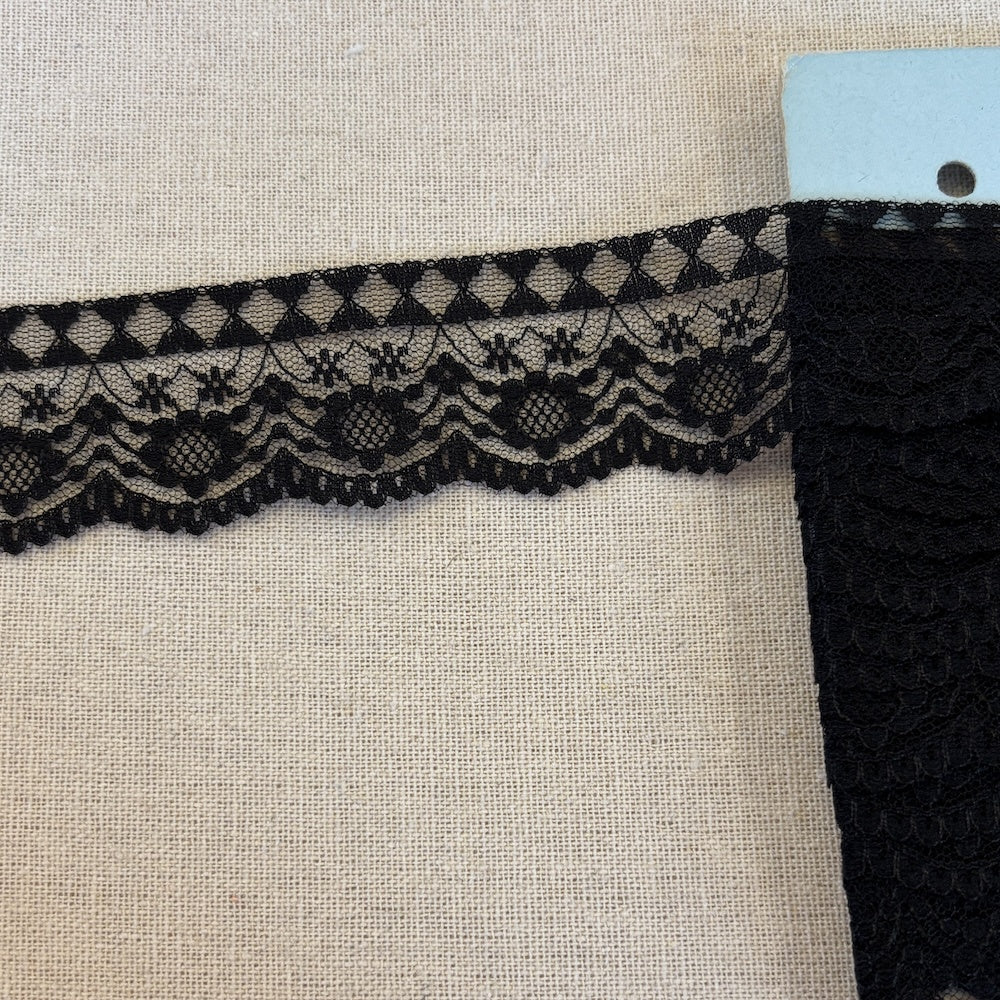 Vintage Black Net Flowers and Diamonds Lace  40mm