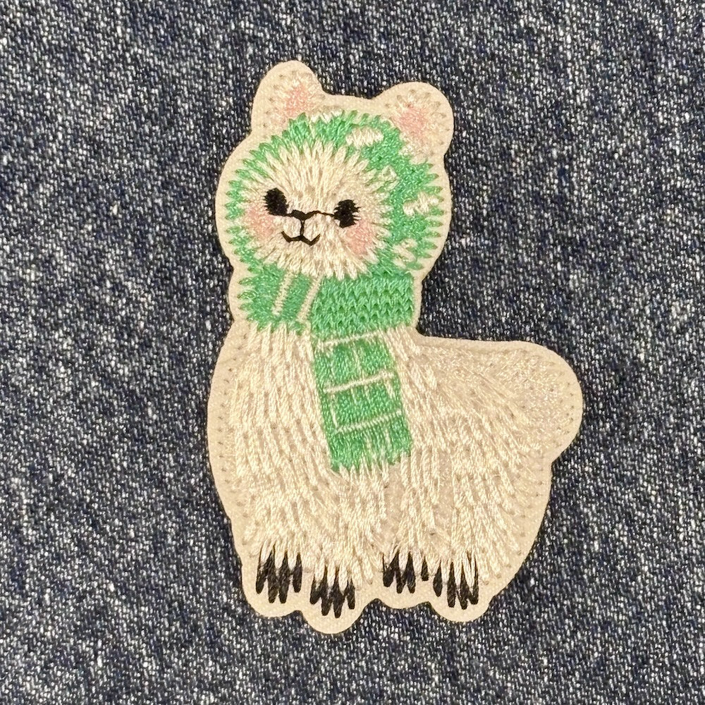Iron on Patch White Alpaca with Green Scarf