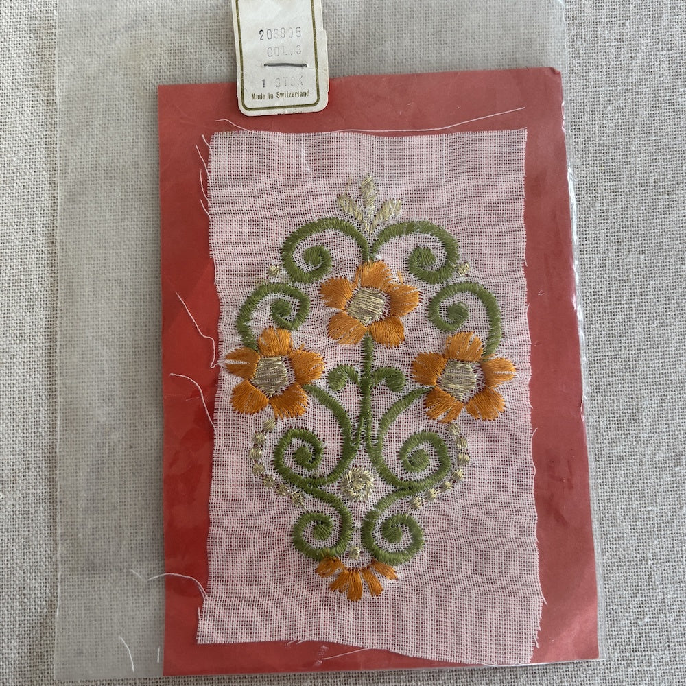 Vintage Swiss Iron on Embroidery Design with Orange Flowers
