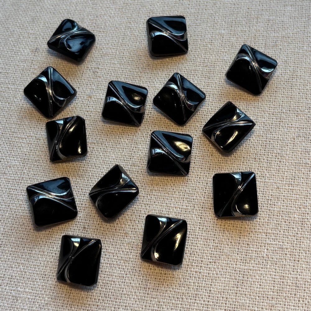 1940's Square Black Glass Buttons with Silver Gilt 15mm x 14