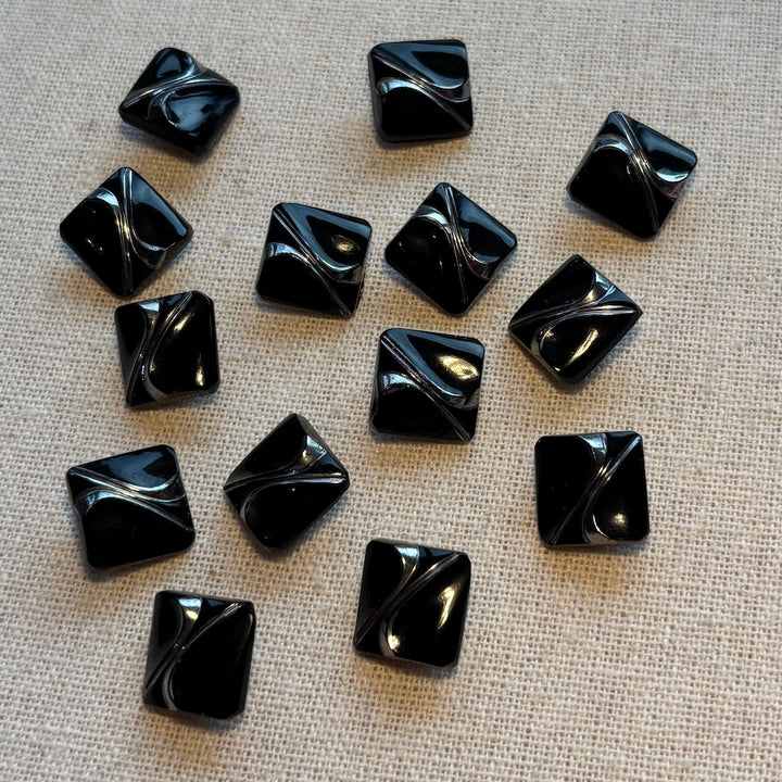 1940's Square Black Glass Buttons with Silver Gilt 15mm x 14