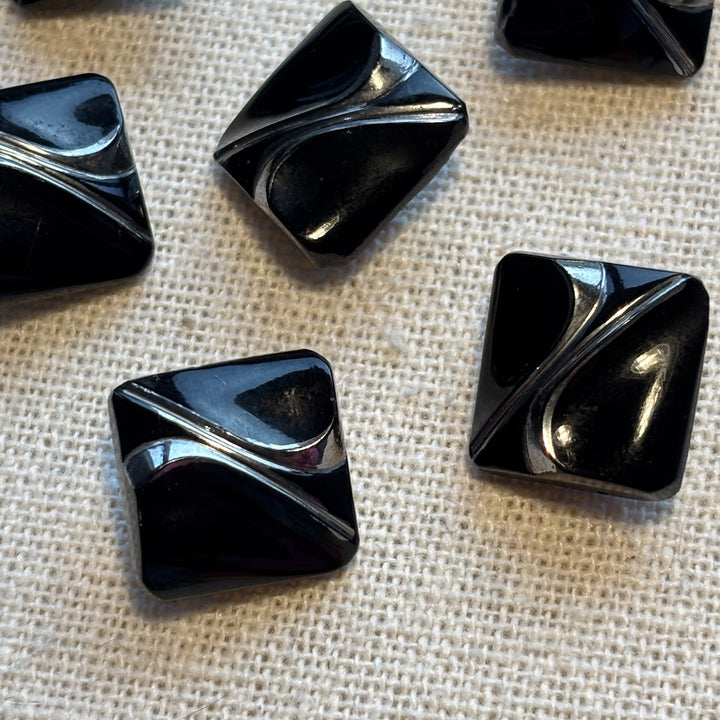 1940's Square Black Glass Buttons with Silver Gilt 15mm x 14