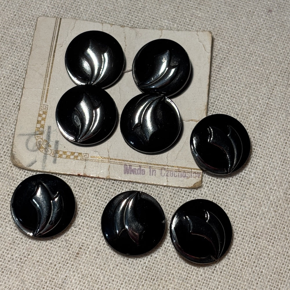 Vintage Czech Art Deco Black Glass Buttons with Silver Gilt 19mm x 8
