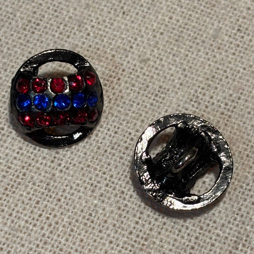 Vintage Metal with Red and Blue Rhinestone Buttons 15mm x 2