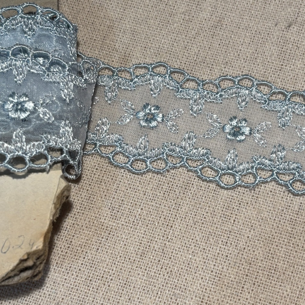 Vintage Blue Organza Embroidered Lace Trim 36mm