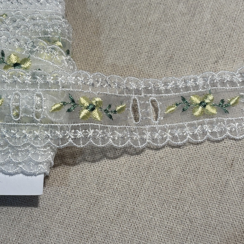 Vintage Sheer Embroidered Organdy Lace with Yellow Flowers 32mm