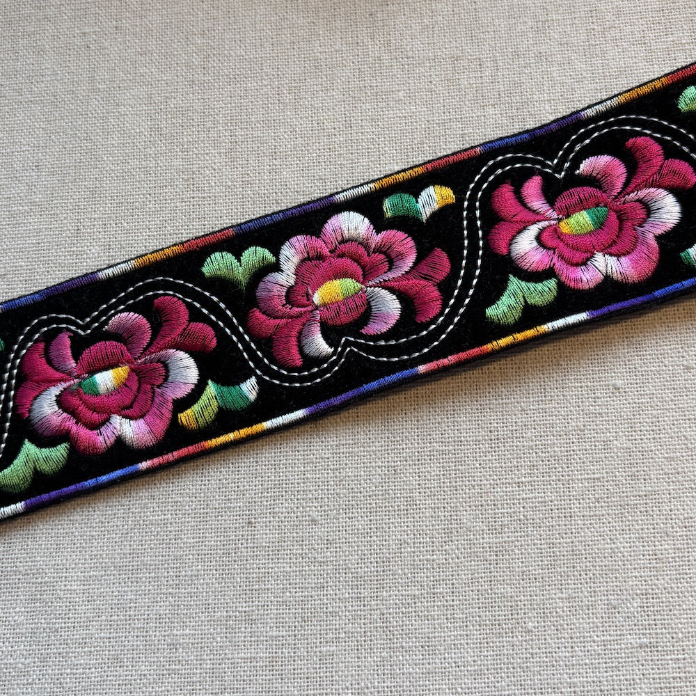 Pink Floral on Black Embroidered Trim 80mm x 70cm