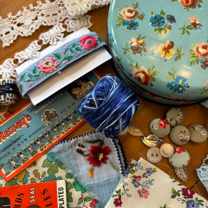 Vintage Round Blue Rose Treasure Tin