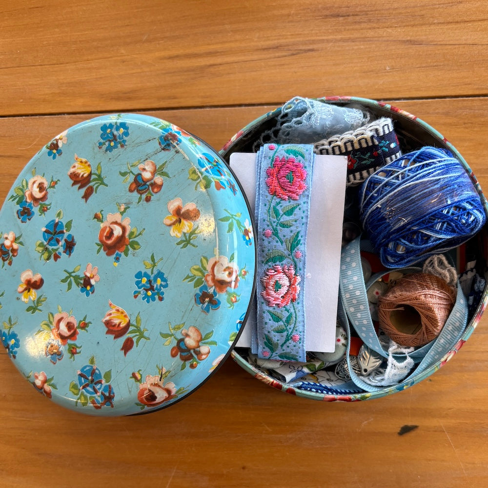 Vintage Round Blue Rose Treasure Tin