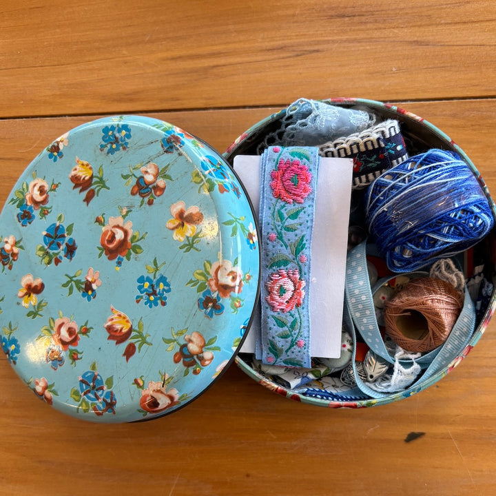 Vintage Round Blue Rose Treasure Tin
