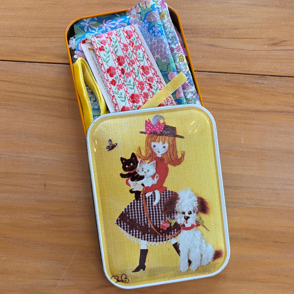 Vintage Blue Bird Girl and Puppy Treasure Tin