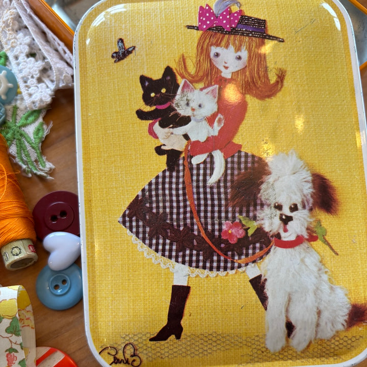 Vintage Blue Bird Girl and Puppy Treasure Tin